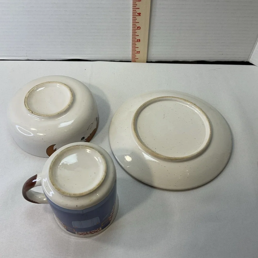 Vintage Childrens Interpur 3‎ pc Stackable Dish Set Cup Bowl Plate Farmer Boy